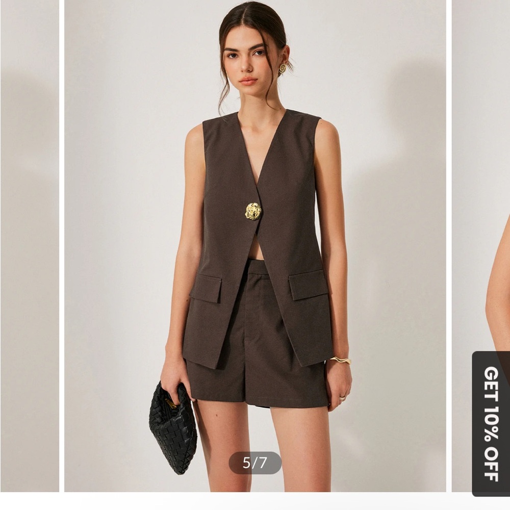 Commense Brown Sleeveless Tailored Vest with Gold Button